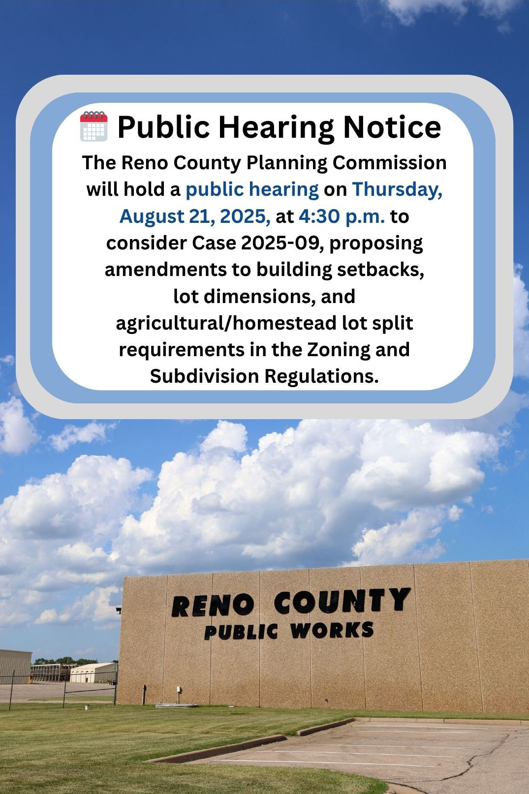 Notice of Public Hearing by Reno County Planning Commission - Aug. 21, 2025 - News Image